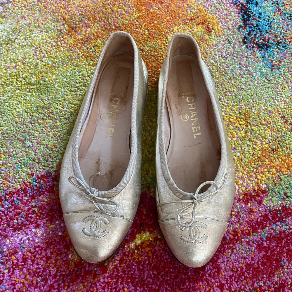 Chanel Ballerina Ballet Flats 39.5 Gold Preowned